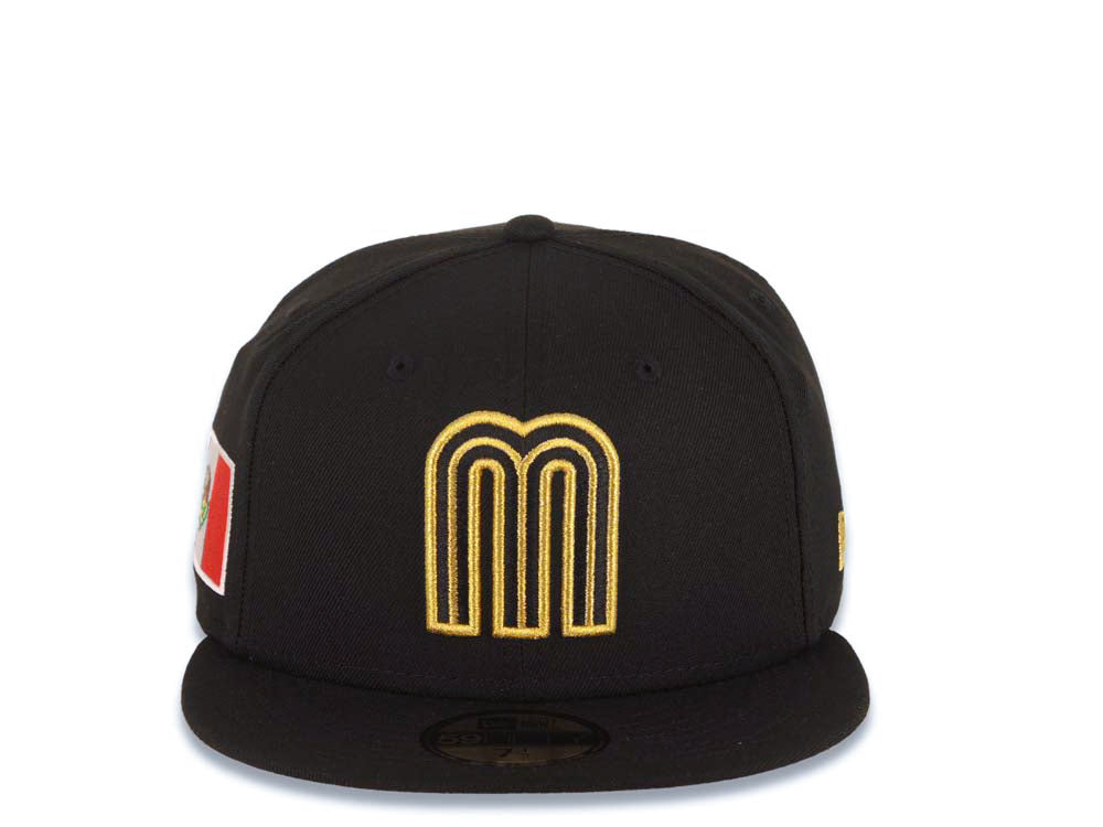 Mexico New Era WBC 59FIFTY 5950 Fitted Cap Hat Black Crown/Visor Black/Metallic Gold Logo Mexico Flag Side Patch Gray UV