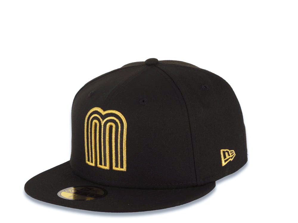 Mexico New Era WBC 59FIFTY 5950 Fitted Cap Hat Black Crown/Visor Black/Metallic Gold Logo Mexico Flag Side Patch Gray UV