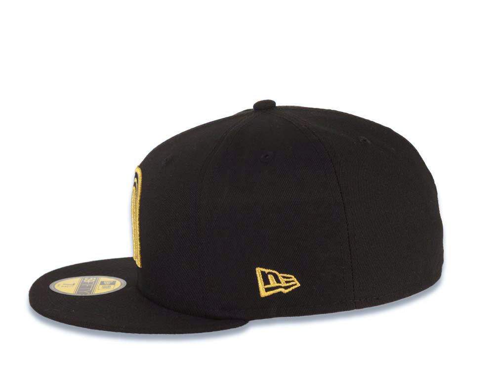 Mexico New Era WBC 59FIFTY 5950 Fitted Cap Hat Black Crown/Visor Black/Metallic Gold Logo Mexico Flag Side Patch Gray UV