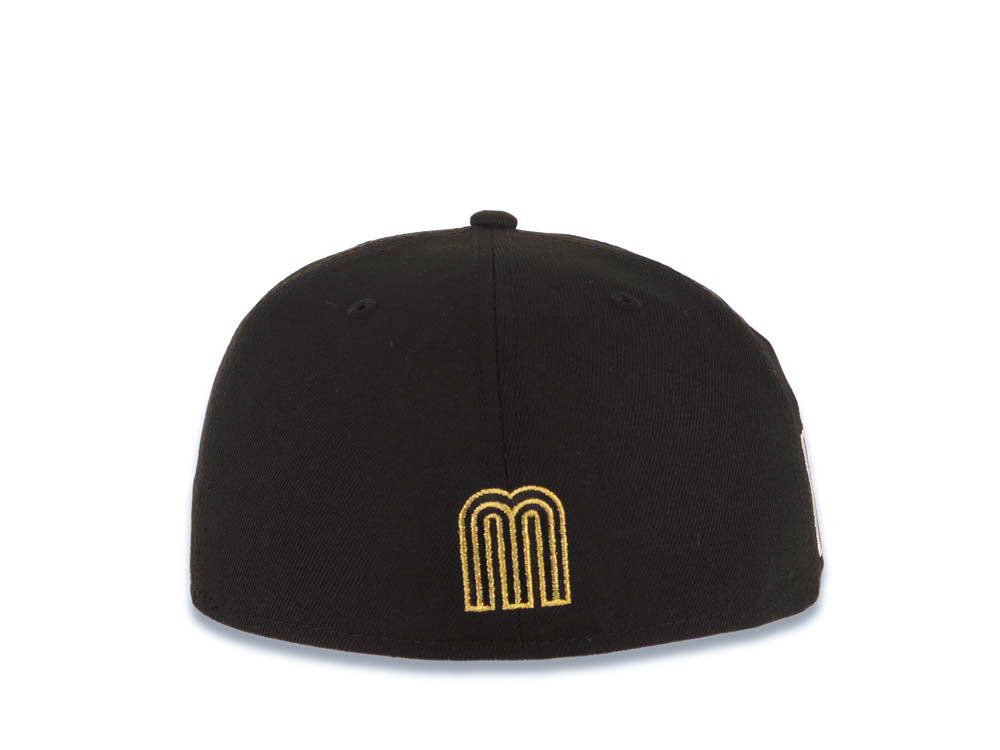 Mexico New Era WBC 59FIFTY 5950 Fitted Cap Hat Black Crown/Visor Black/Metallic Gold Logo Mexico Flag Side Patch Gray UV