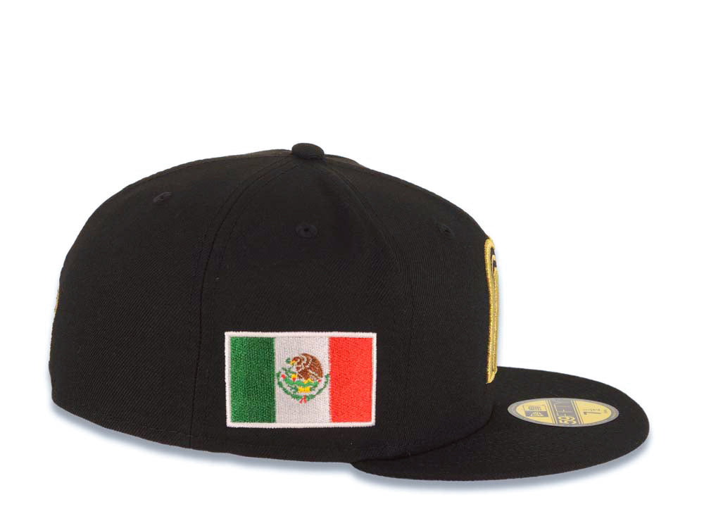 Mexico New Era WBC 59FIFTY 5950 Fitted Cap Hat Black Crown/Visor Black/Metallic Gold Logo Mexico Flag Side Patch Gray UV