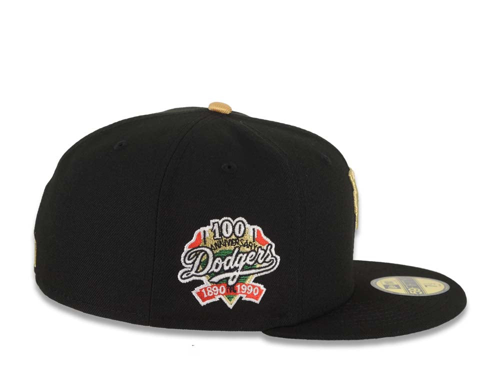 Los Angeles Dodgers New Era MLB 59FIFTY 5950 Fitted Cap Hat Black Crown/Visor Metallic Gold Upside Down Logo 100th Anniversary Side Patch Green UV