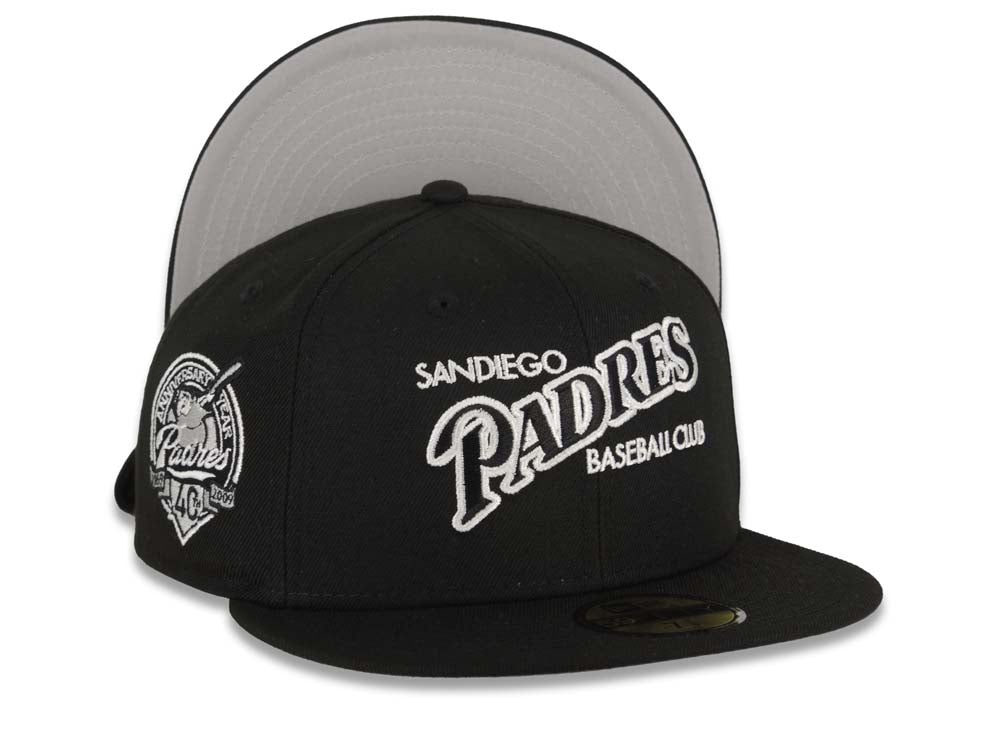 San Diego Padres New Era MLB 59FIFTY 5950 Fitted Cap Hat Black Crown/Visor Black/White Baseball Club Logo 40th Anniversary Side Patch Gray UV