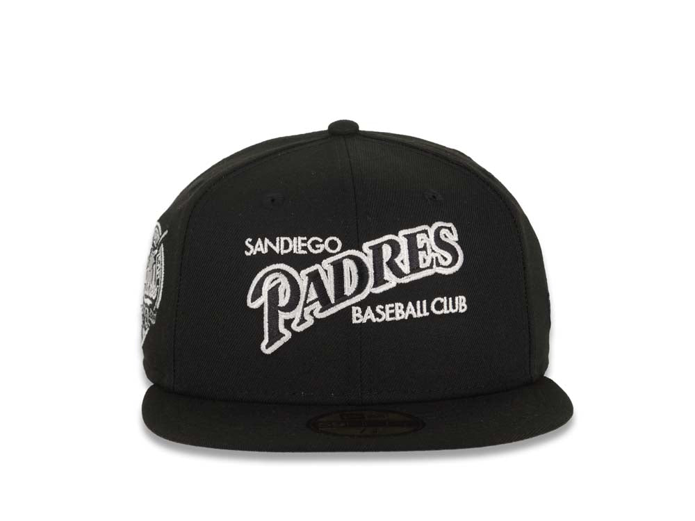 San Diego Padres New Era MLB 59FIFTY 5950 Fitted Cap Hat Black Crown/Visor Black/White Baseball Club Logo 40th Anniversary Side Patch Gray UV