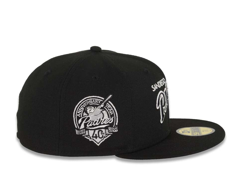 San Diego Padres New Era MLB 59FIFTY 5950 Fitted Cap Hat Black Crown/Visor Black/White Baseball Club Logo 40th Anniversary Side Patch Gray UV