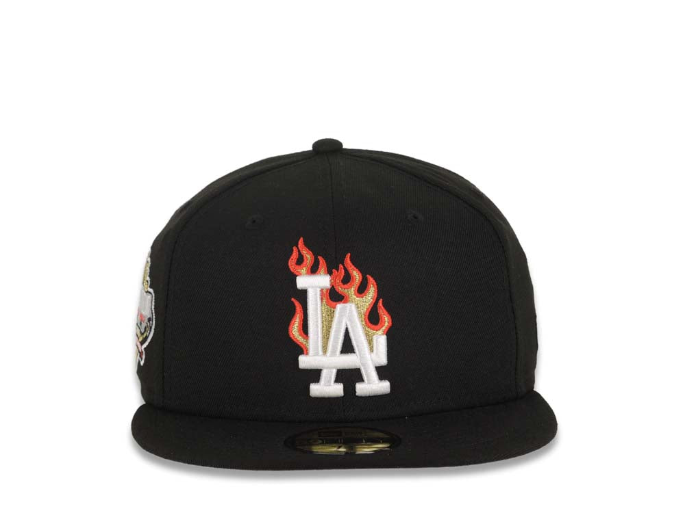 Los Angeles Dodgers New Era MLB 59FIFTY 5950 Fitted Cap Hat Black Crown/Visor White/Metallic Gold/Red Flame Logo 40th Anniversary Side Patch Gray UV