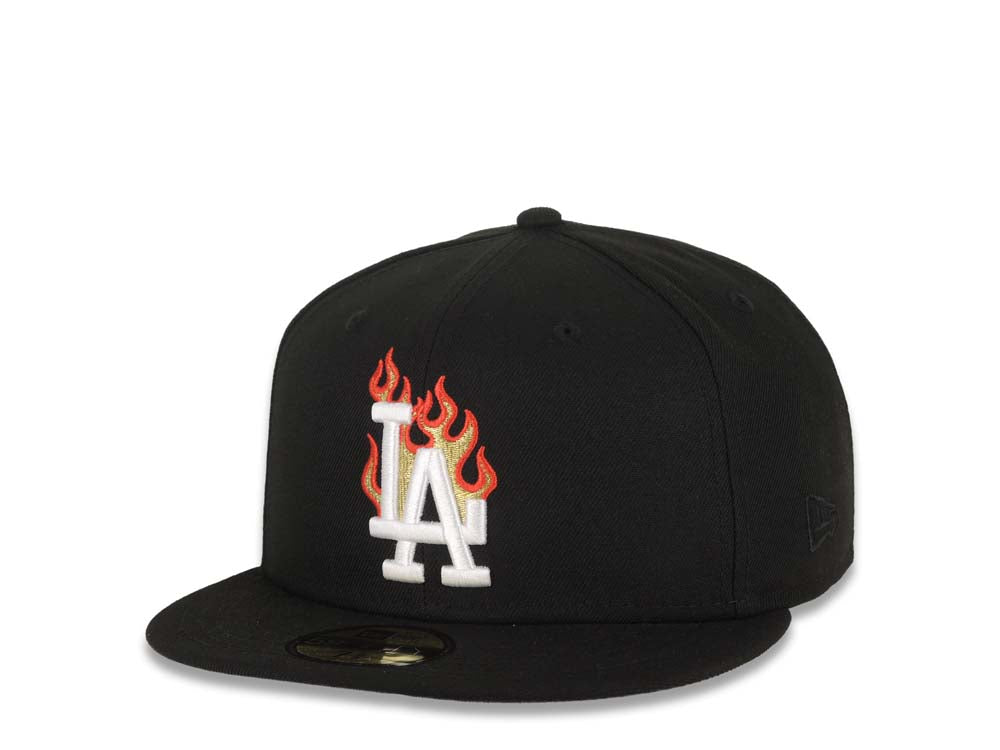 Los Angeles Dodgers New Era MLB 59FIFTY 5950 Fitted Cap Hat Black Crown/Visor White/Metallic Gold/Red Flame Logo 40th Anniversary Side Patch Gray UV