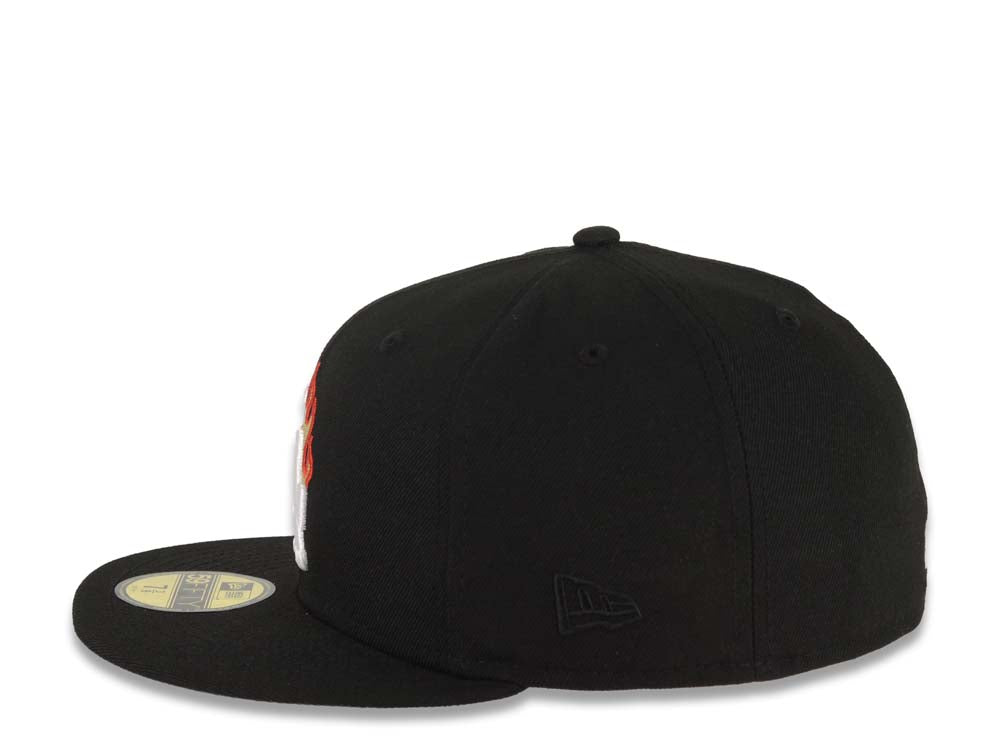 Los Angeles Dodgers New Era MLB 59FIFTY 5950 Fitted Cap Hat Black Crown/Visor White/Metallic Gold/Red Flame Logo 40th Anniversary Side Patch Gray UV