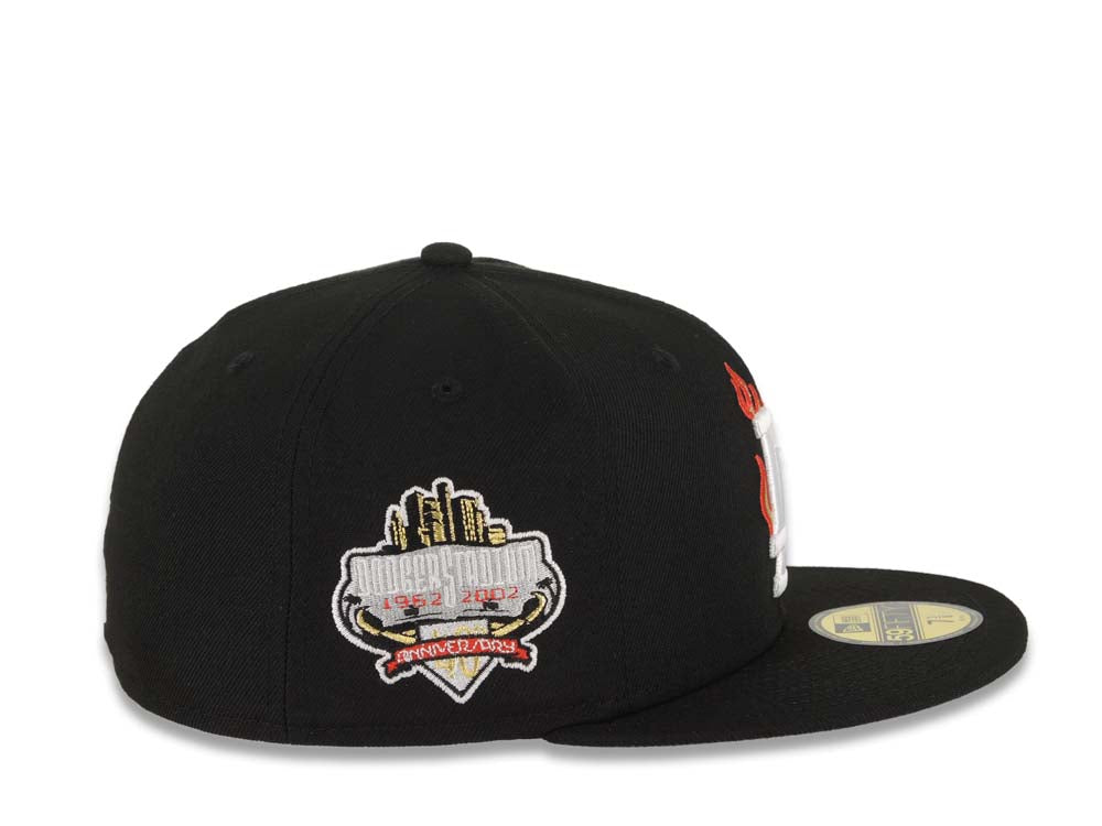 Los Angeles Dodgers New Era MLB 59FIFTY 5950 Fitted Cap Hat Black Crown/Visor White/Metallic Gold/Red Flame Logo 40th Anniversary Side Patch Gray UV