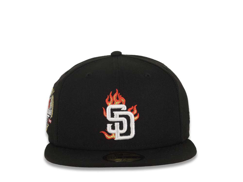 San Diego Padres New Era MLB 59FIFTY 5950 Fitted Cap Hat Black Crown/Visor White/Metallic Gold/Red Flame Logo 40th Anniversary Side Patch Gray UV
