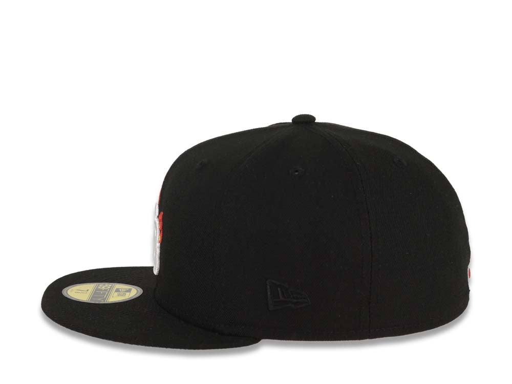 San Diego Padres New Era MLB 59FIFTY 5950 Fitted Cap Hat Black Crown/Visor White/Metallic Gold/Red Flame Logo 40th Anniversary Side Patch Gray UV