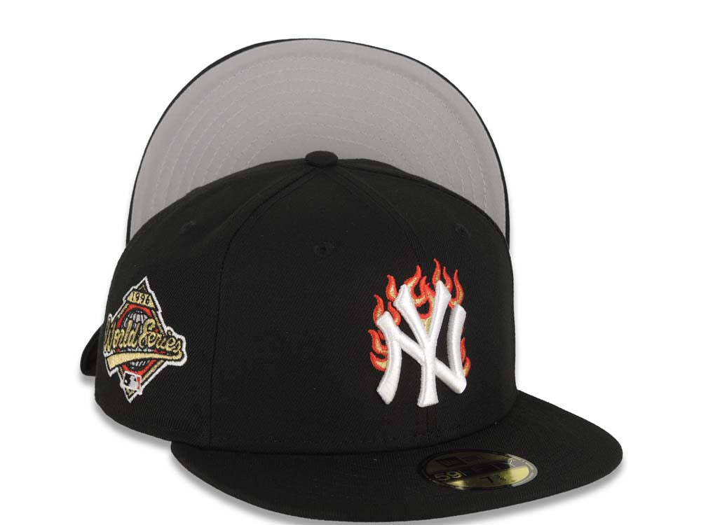 New York Yankees New Era MLB 59FIFTY 5950 Fitted Cap Hat Black Crown/Visor White With Flame Logo 1996 World Series Side Patch Gray UV