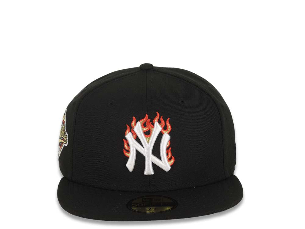 New York Yankees New Era MLB 59FIFTY 5950 Fitted Cap Hat Black Crown/Visor White With Flame Logo 1996 World Series Side Patch Gray UV