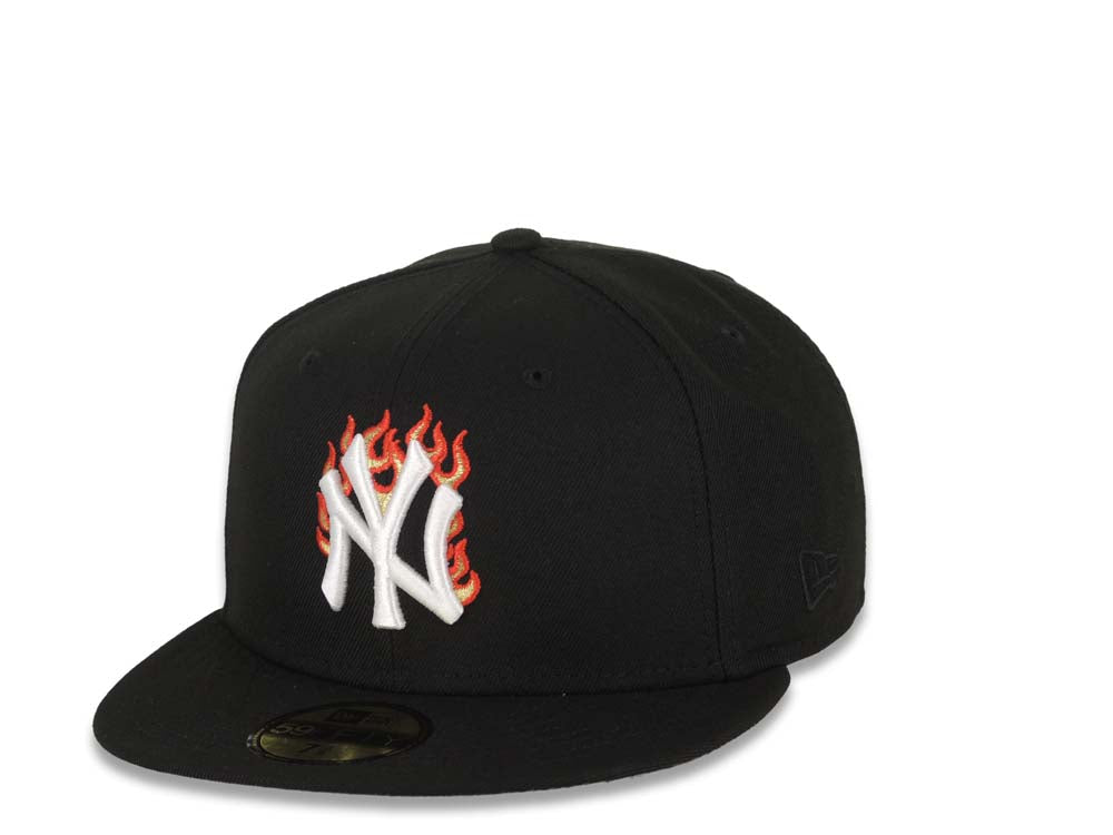 New York Yankees New Era MLB 59FIFTY 5950 Fitted Cap Hat Black Crown/Visor White With Flame Logo 1996 World Series Side Patch Gray UV