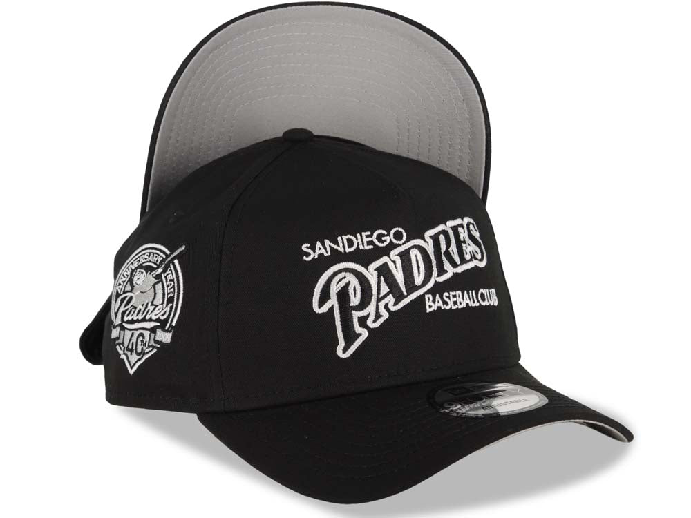 San Diego Padres New Era MLB 9FORTY 940 Adjustable A-Frame Cap Hat Black Crown/Visor Black/White Baseball Club Logo 40th Anniversary Side Patch GrayUV