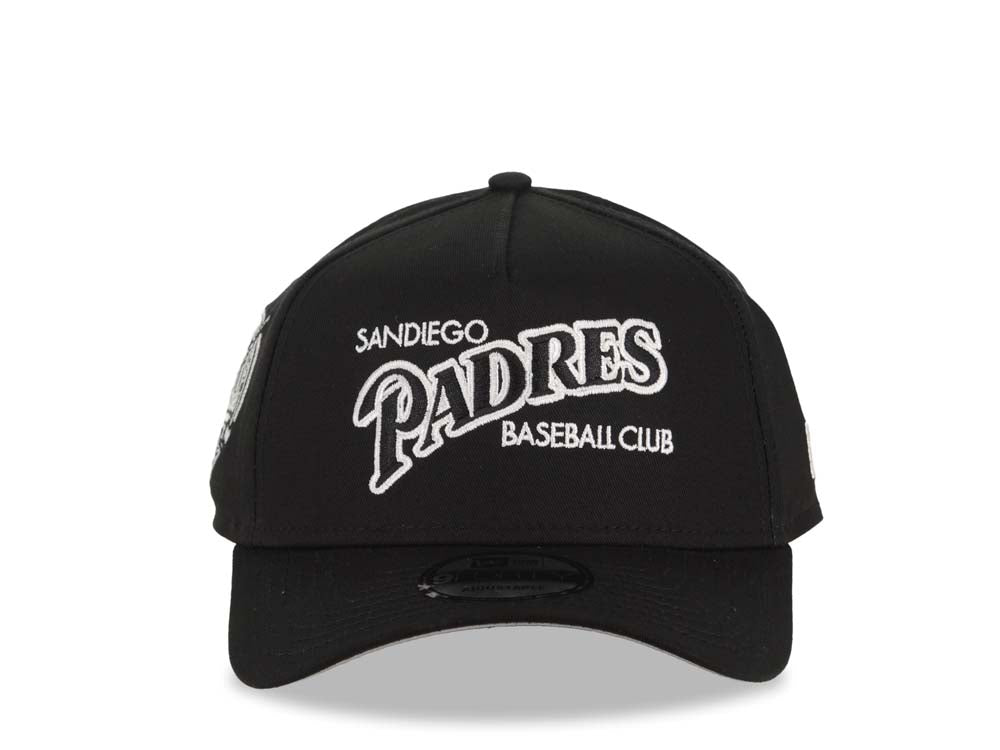 San Diego Padres New Era MLB 9FORTY 940 Adjustable A-Frame Cap Hat Black Crown/Visor Black/White Baseball Club Logo 40th Anniversary Side Patch GrayUV
