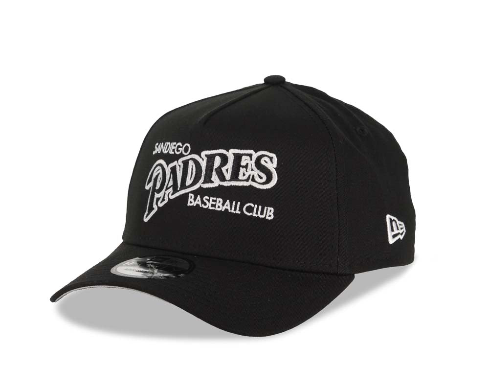 San Diego Padres New Era MLB 9FORTY 940 Adjustable A-Frame Cap Hat Black Crown/Visor Black/White Baseball Club Logo 40th Anniversary Side Patch GrayUV