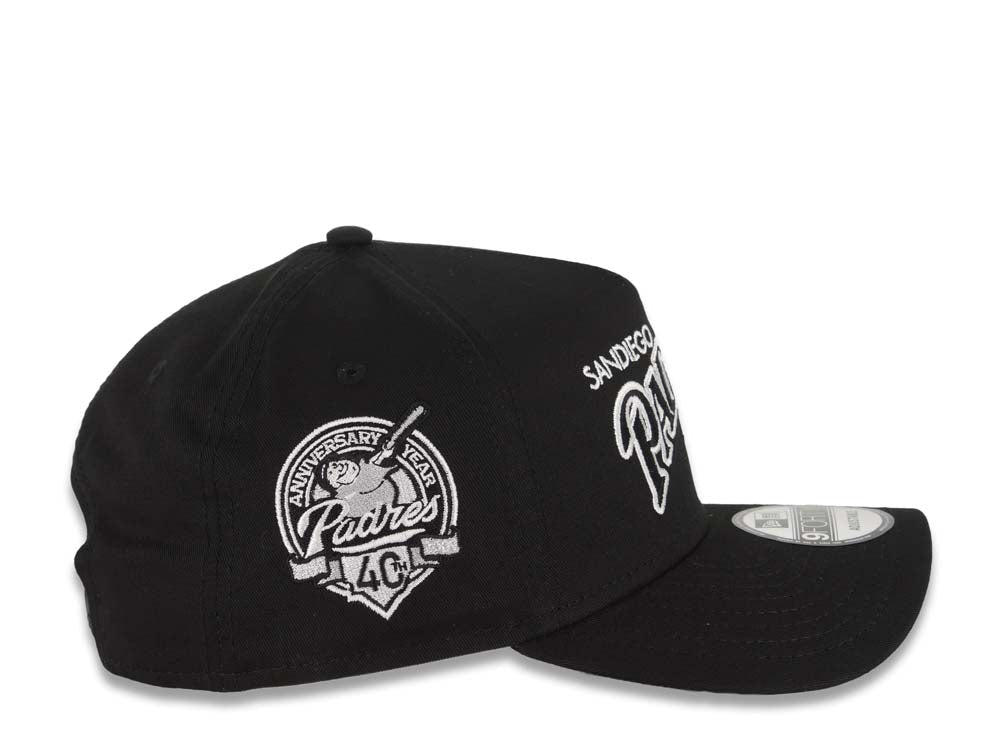 San Diego Padres New Era MLB 9FORTY 940 Adjustable A-Frame Cap Hat Black Crown/Visor Black/White Baseball Club Logo 40th Anniversary Side Patch GrayUV
