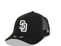San Diego Padres New Era MLB 9FORTY 940 Adjustable A-Frame Tucker Mesh Cap Hat Black Crown/Visor White Logo Black UV