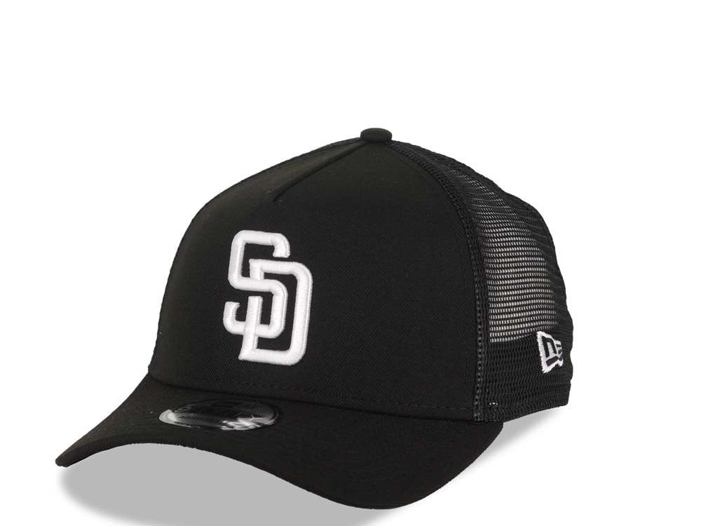 San Diego Padres New Era MLB 9FORTY 940 Adjustable A-Frame Tucker Mesh Cap Hat Black Crown/Visor White Logo Black UV