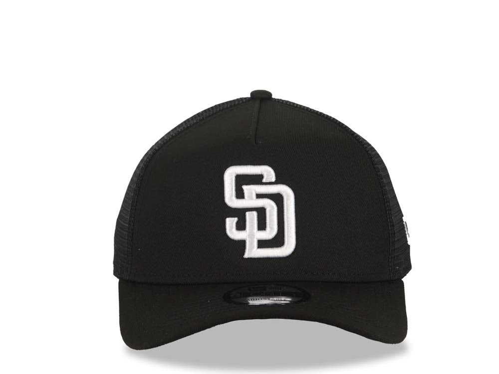 San Diego Padres New Era MLB 9FORTY 940 Adjustable A-Frame Tucker Mesh Cap Hat Black Crown/Visor White Logo Black UV