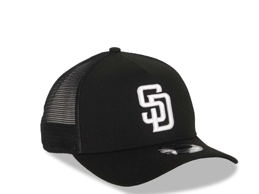 San Diego Padres New Era MLB 9FORTY 940 Adjustable A-Frame Tucker Mesh Cap Hat Black Crown/Visor White Logo Black UV