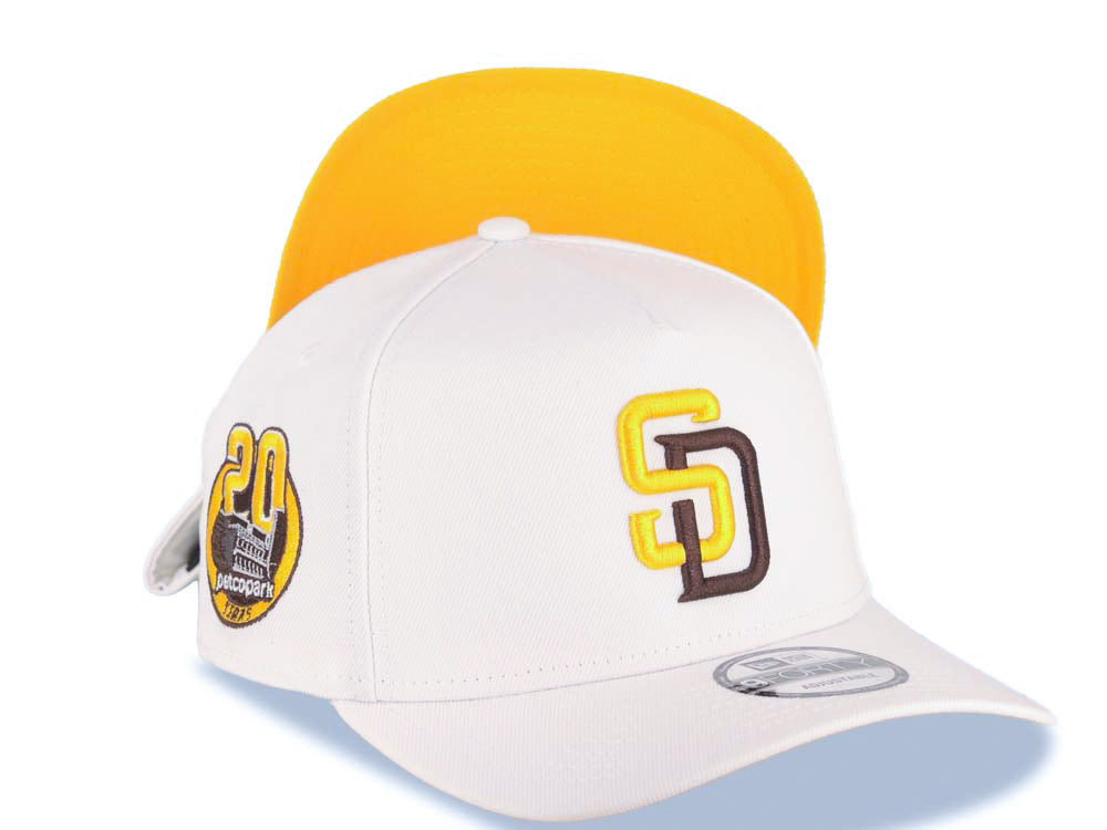 San Diego Padres New Era MLB 9FORTY 940 Adjustable A-Frame Cap Hat White Crown/Visor Yellow/Brown Logo Petco Park 20 Years Side Patch Yellow UV