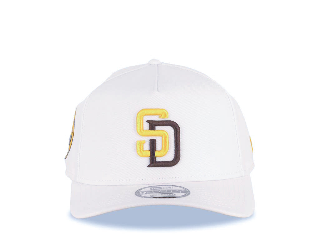 San Diego Padres New Era MLB 9FORTY 940 Adjustable A-Frame Cap Hat White Crown/Visor Yellow/Brown Logo Petco Park 20 Years Side Patch Yellow UV