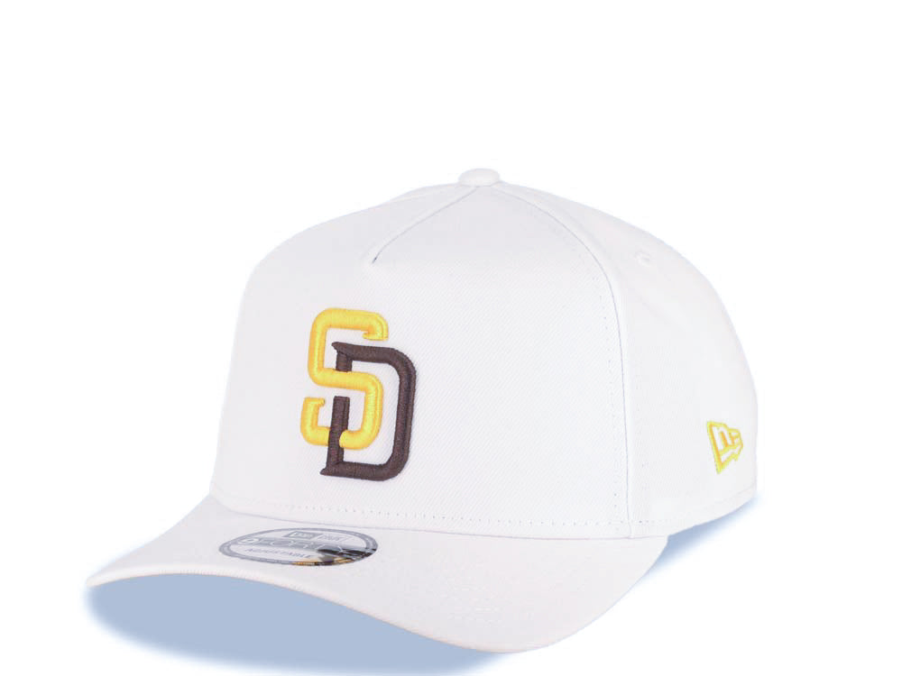 San Diego Padres New Era MLB 9FORTY 940 Adjustable A-Frame Cap Hat White Crown/Visor Yellow/Brown Logo Petco Park 20 Years Side Patch Yellow UV