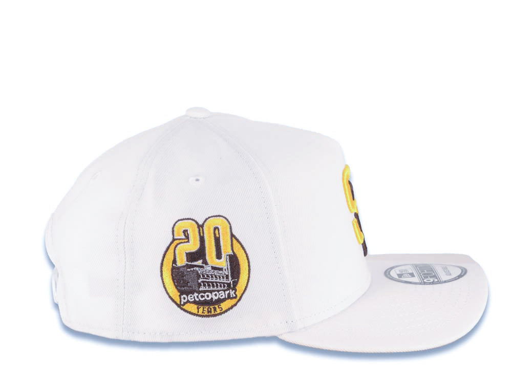 San Diego Padres New Era MLB 9FORTY 940 Adjustable A-Frame Cap Hat White Crown/Visor Yellow/Brown Logo Petco Park 20 Years Side Patch Yellow UV