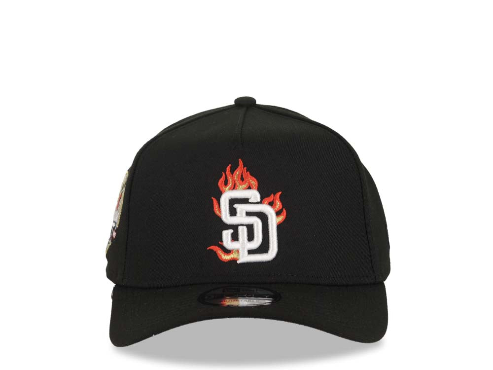 San Diego Padres New Era MLB 9FORTY 940 Adjustable A-Frame Cap Hat Black Crown/Visor White/Metallic Gold/Red Flame Logo 40th Anniversary Side Patch