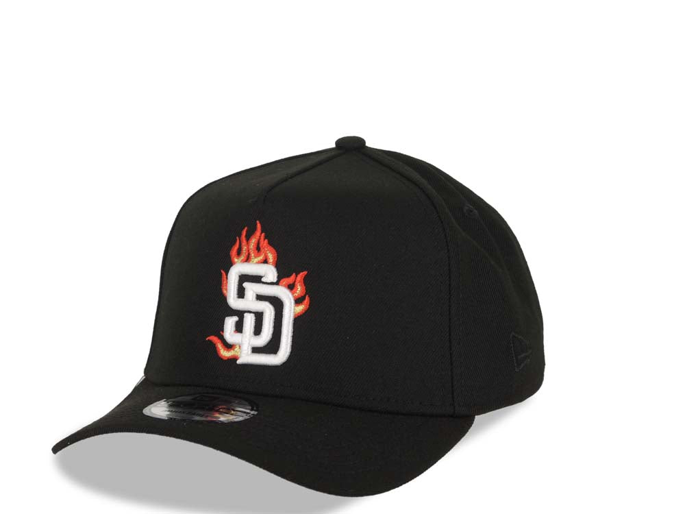 San Diego Padres New Era MLB 9FORTY 940 Adjustable A-Frame Cap Hat Black Crown/Visor White/Metallic Gold/Red Flame Logo 40th Anniversary Side Patch