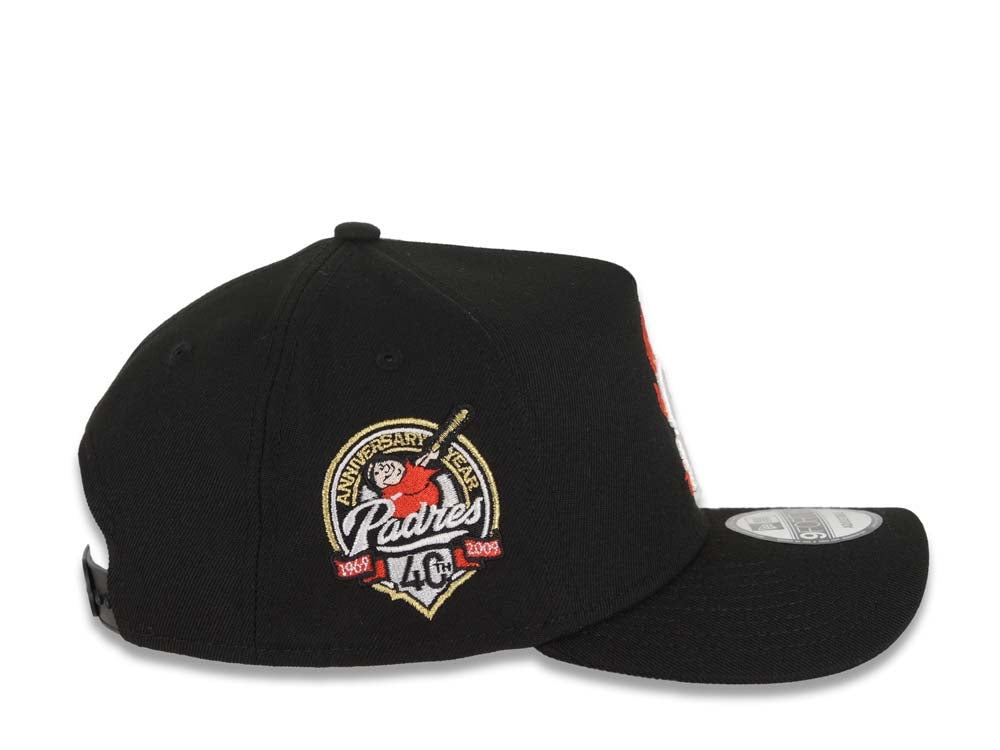 San Diego Padres New Era MLB 9FORTY 940 Adjustable A-Frame Cap Hat Black Crown/Visor White/Metallic Gold/Red Flame Logo 40th Anniversary Side Patch