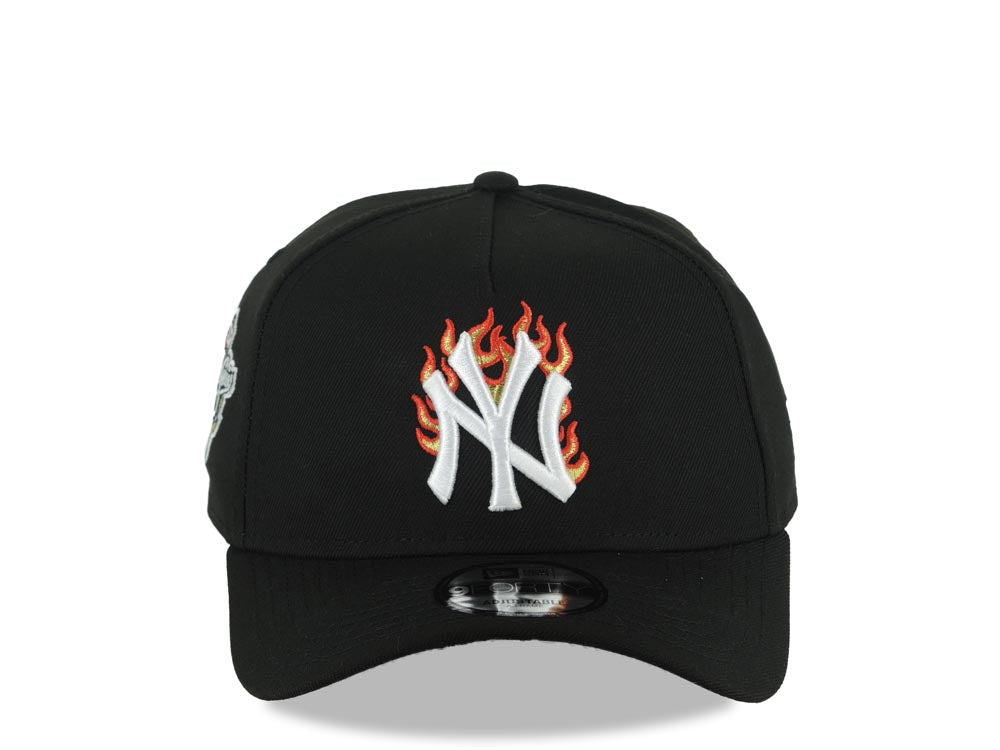 New York Yankees New Era MLB 9FORTY 940 Adjustable A-Frame Cap Hat Black Crown/Visor White/Metallic Gold/Red Flame Logo 1998 World Series Side Patch