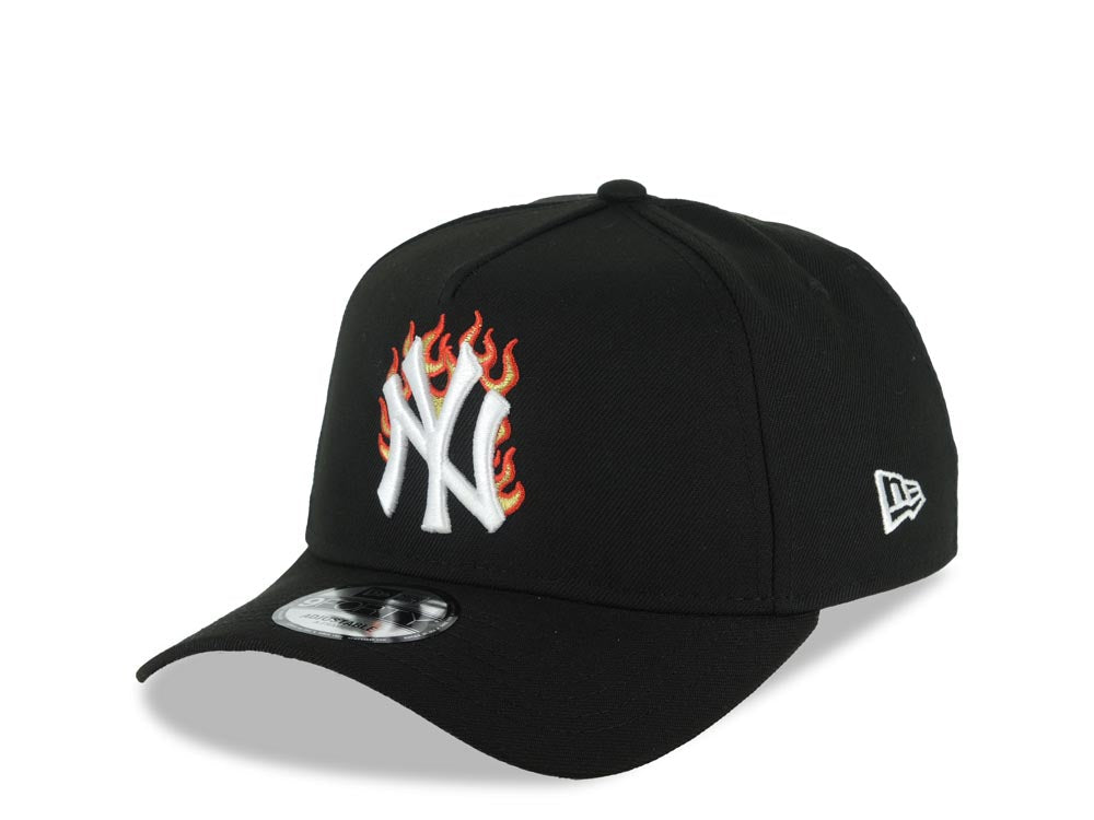 New York Yankees New Era MLB 9FORTY 940 Adjustable A-Frame Cap Hat Black Crown/Visor White/Metallic Gold/Red Flame Logo 1998 World Series Side Patch