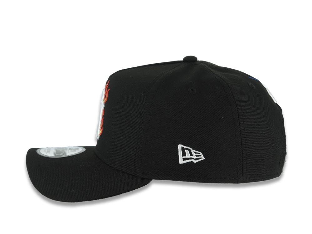 New York Yankees New Era MLB 9FORTY 940 Adjustable A-Frame Cap Hat Black Crown/Visor White/Metallic Gold/Red Flame Logo 1998 World Series Side Patch