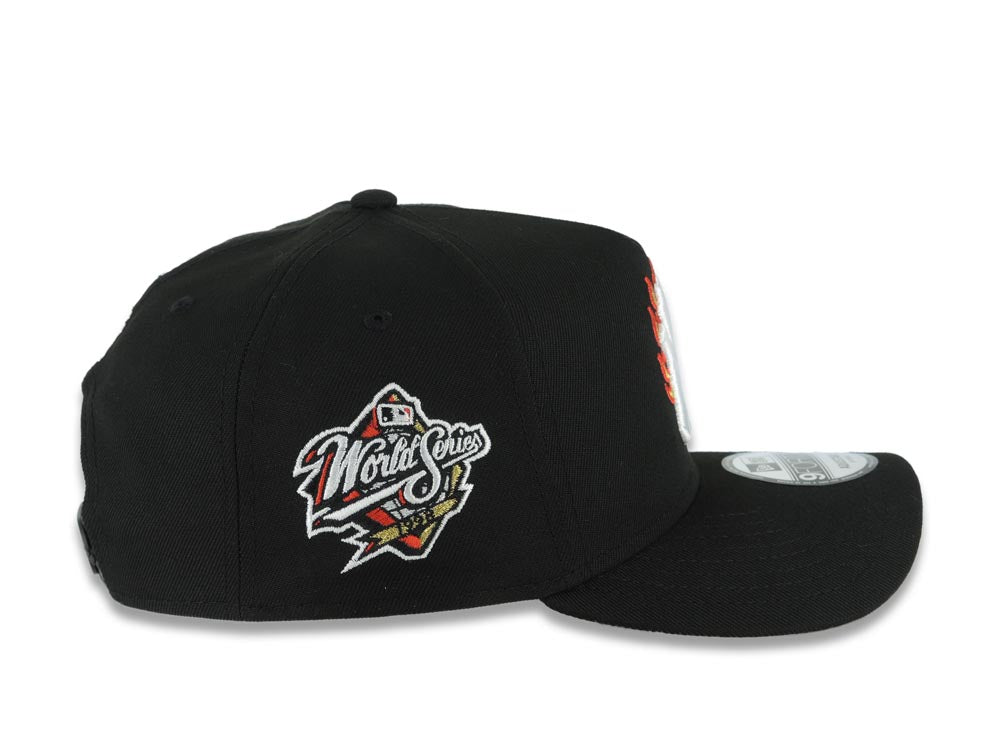 New York Yankees New Era MLB 9FORTY 940 Adjustable A-Frame Cap Hat Black Crown/Visor White/Metallic Gold/Red Flame Logo 1998 World Series Side Patch
