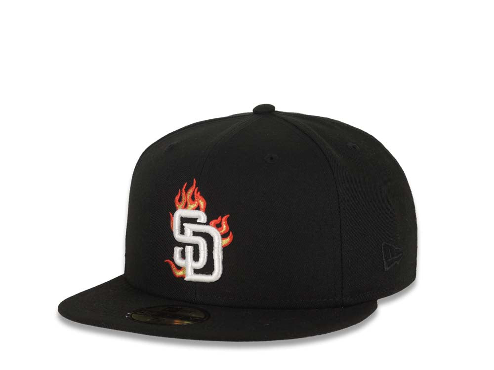 (Youth) San Diego Padres New Era MLB 59FIFTY 5950 Kid Fitted Cap Hat Black Crown/Visor White Fire/Flame Logo 40th Anniversary Side Patch Gray UV