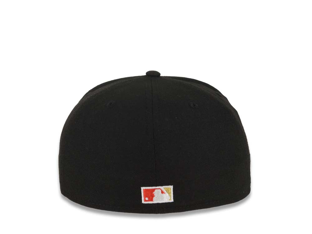 (Youth) San Diego Padres New Era MLB 59FIFTY 5950 Kid Fitted Cap Hat Black Crown/Visor White Fire/Flame Logo 40th Anniversary Side Patch Gray UV