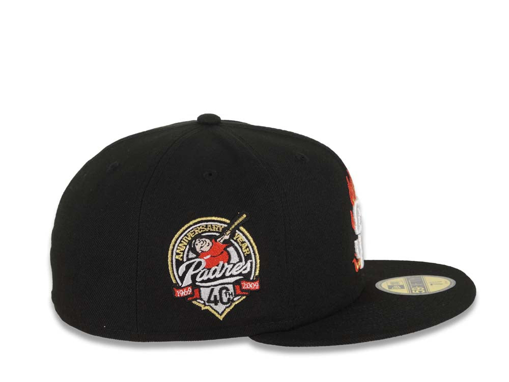 (Youth) San Diego Padres New Era MLB 59FIFTY 5950 Kid Fitted Cap Hat Black Crown/Visor White Fire/Flame Logo 40th Anniversary Side Patch Gray UV