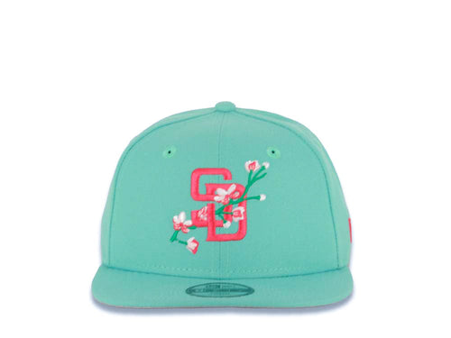 (Youth) San Diego Padres New Era MLB 9FIFTY 950 Kid Snapback Cap Hat Light Teal Crown/Visor Magenta with Rose Logo Gray UV (City Connect Color )