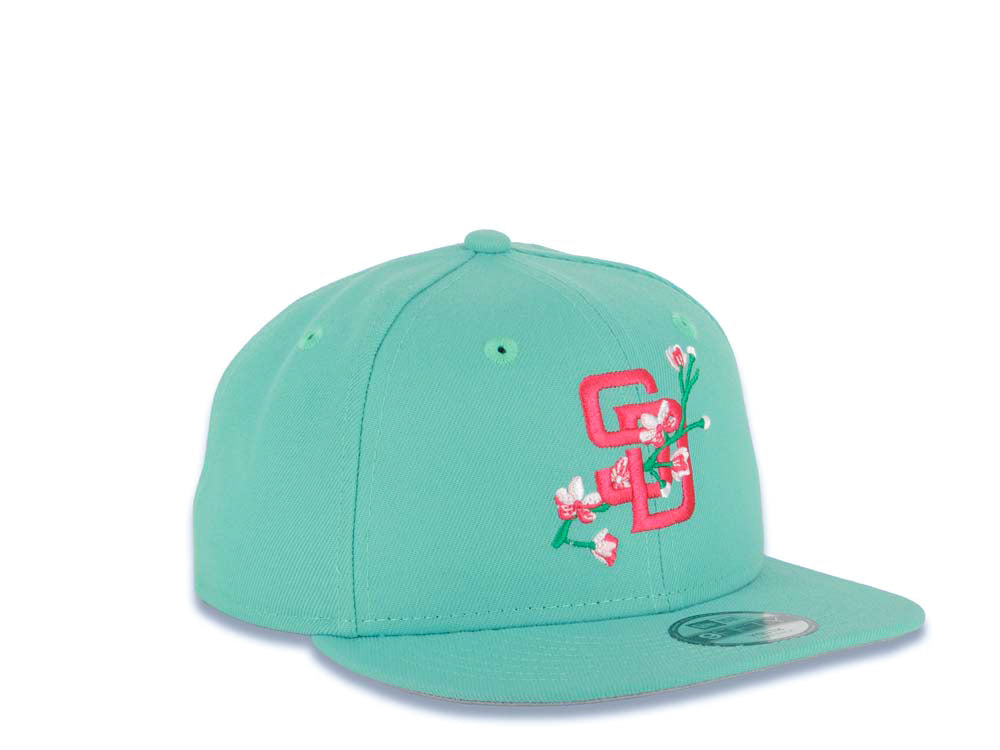 (Youth) San Diego Padres New Era MLB 9FIFTY 950 Kid Snapback Cap Hat Light Teal Crown/Visor Magenta with Rose Logo Gray UV (City Connect Color )