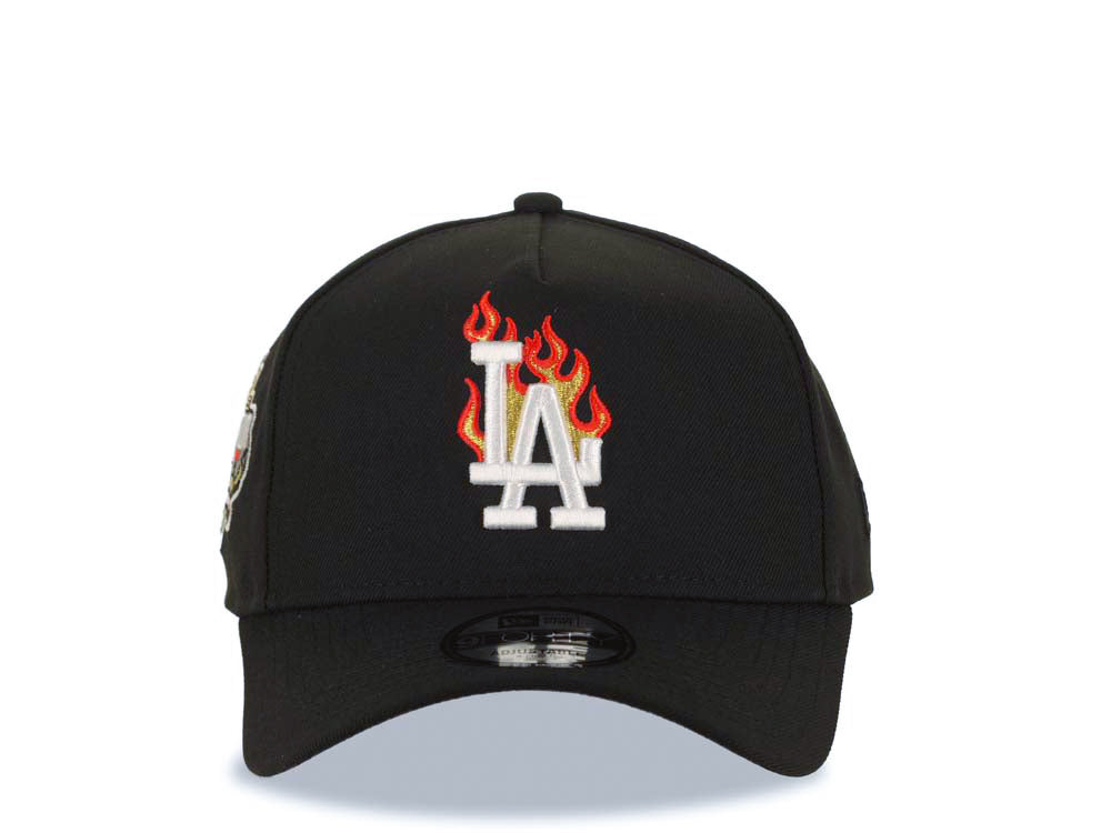 Los Angeles Dodgers New Era MLB 9FORTY 940 Adjustable A-Frame Cap Hat Black Crown/Visor White/Metallic Gold/Red Fire/Flame Logo 40th Anniversary Side Patch Gray UV