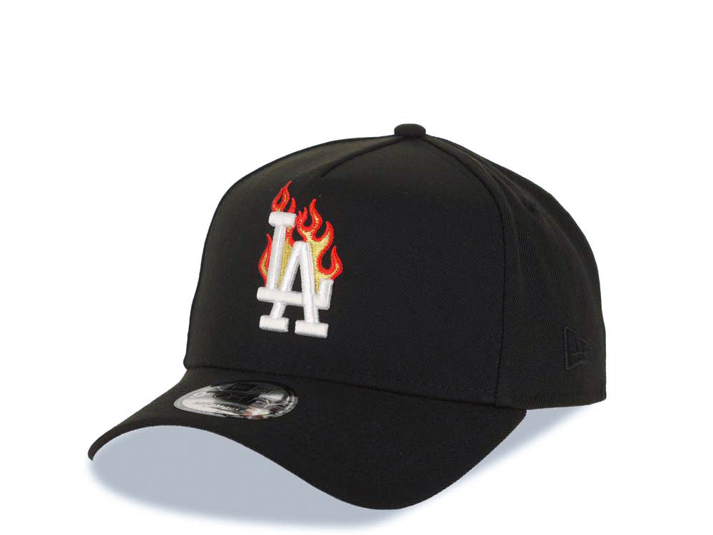 Los Angeles Dodgers New Era MLB 9FORTY 940 Adjustable A-Frame Cap Hat Black Crown/Visor White/Metallic Gold/Red Fire/Flame Logo 40th Anniversary Side Patch Gray UV