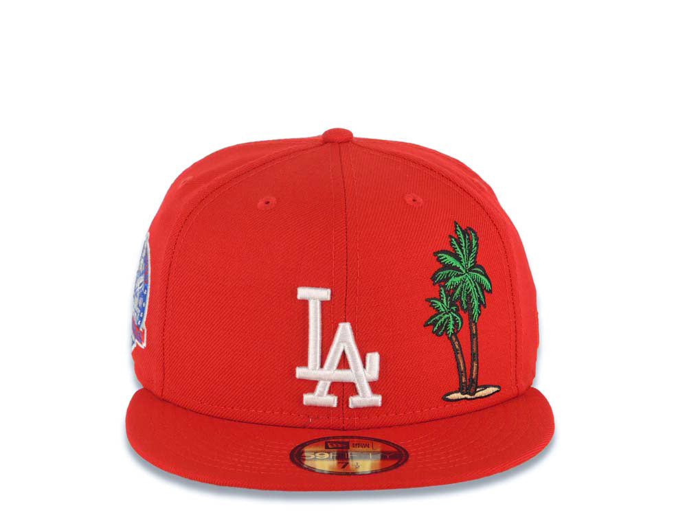 Los Angeles Dodgers New Era MLB 59FIFTY 5950 Fitted Cap Hat Red Crown/Visor White Logo With Palm Tree 60th Anniversary Side Patch Pink UV