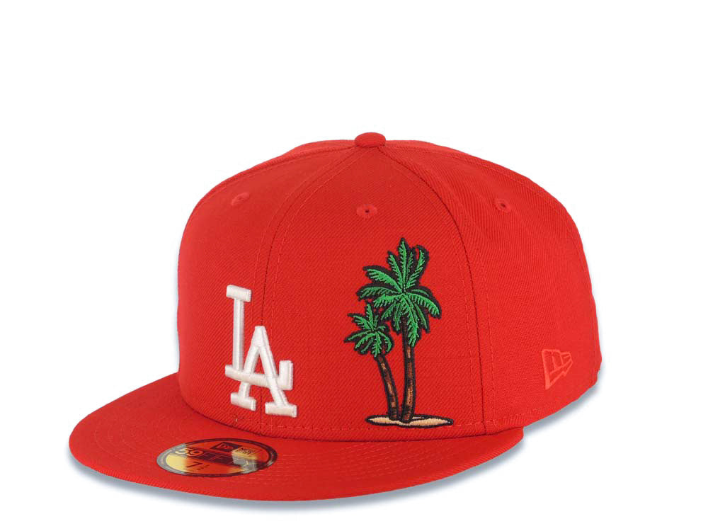 Los Angeles Dodgers New Era MLB 59FIFTY 5950 Fitted Cap Hat Red Crown/Visor White Logo With Palm Tree 60th Anniversary Side Patch Pink UV