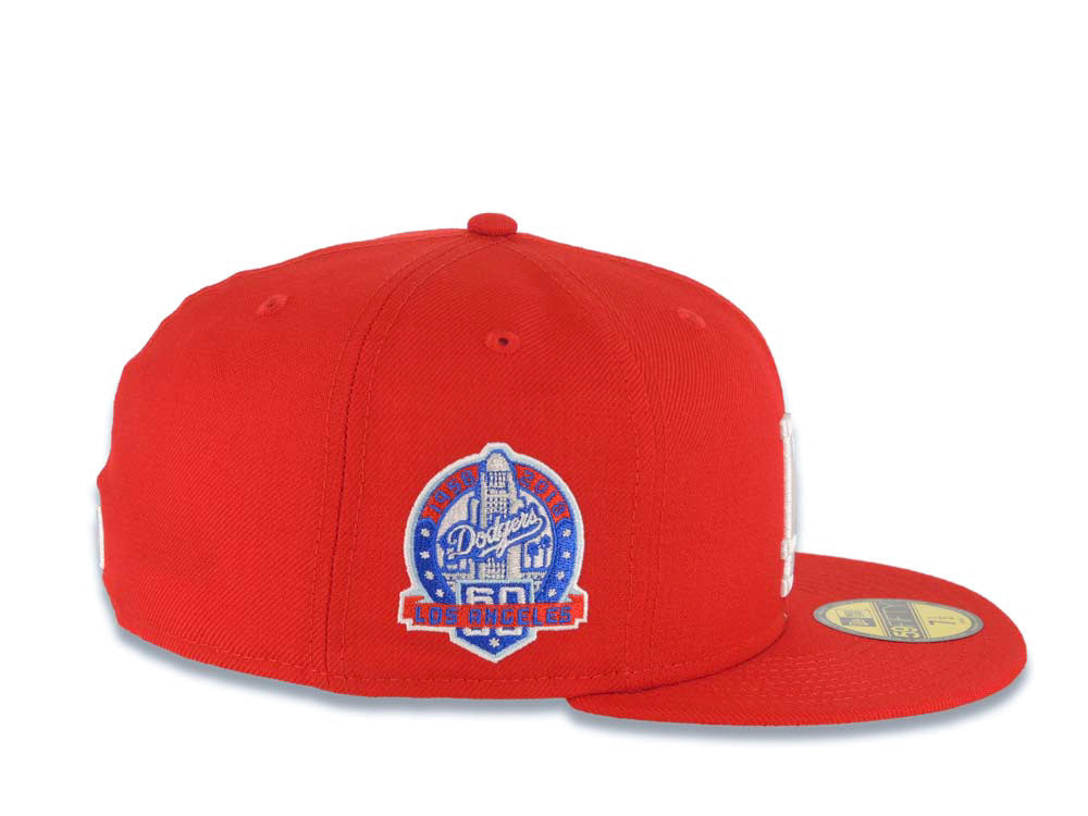 Los Angeles Dodgers New Era MLB 59FIFTY 5950 Fitted Cap Hat Red Crown/Visor White Logo With Palm Tree 60th Anniversary Side Patch Pink UV
