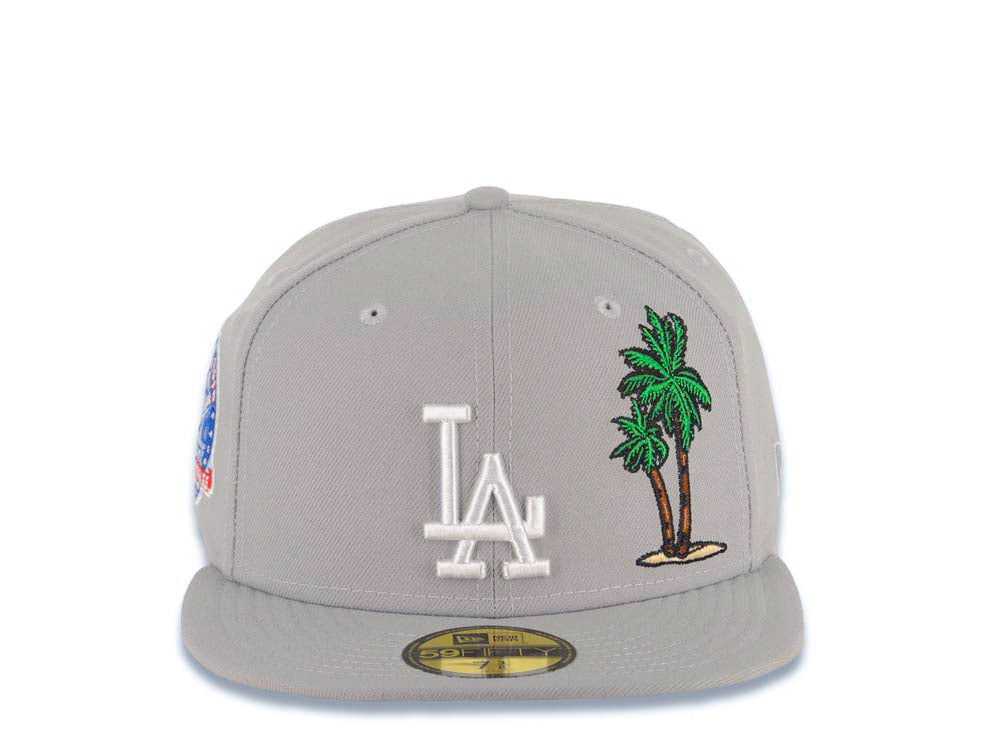 Los Angeles Dodgers New Era MLB 59FIFTY 5950 Fitted Cap Hat Gray Crown/Visor White Logo With Palm Tree 60th Anniversary Side Patch Sky Blue UV