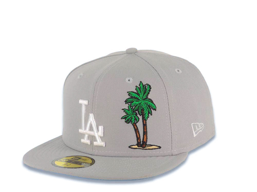Los Angeles Dodgers New Era MLB 59FIFTY 5950 Fitted Cap Hat Gray Crown/Visor White Logo With Palm Tree 60th Anniversary Side Patch Sky Blue UV
