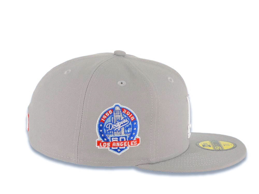 Los Angeles Dodgers New Era MLB 59FIFTY 5950 Fitted Cap Hat Gray Crown/Visor White Logo With Palm Tree 60th Anniversary Side Patch Sky Blue UV